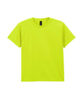 A neon yellow T-shirt short-sleeve crew neck is laid flat on a white background, featuring no visible designs or logos except for a small black tag at the collar.