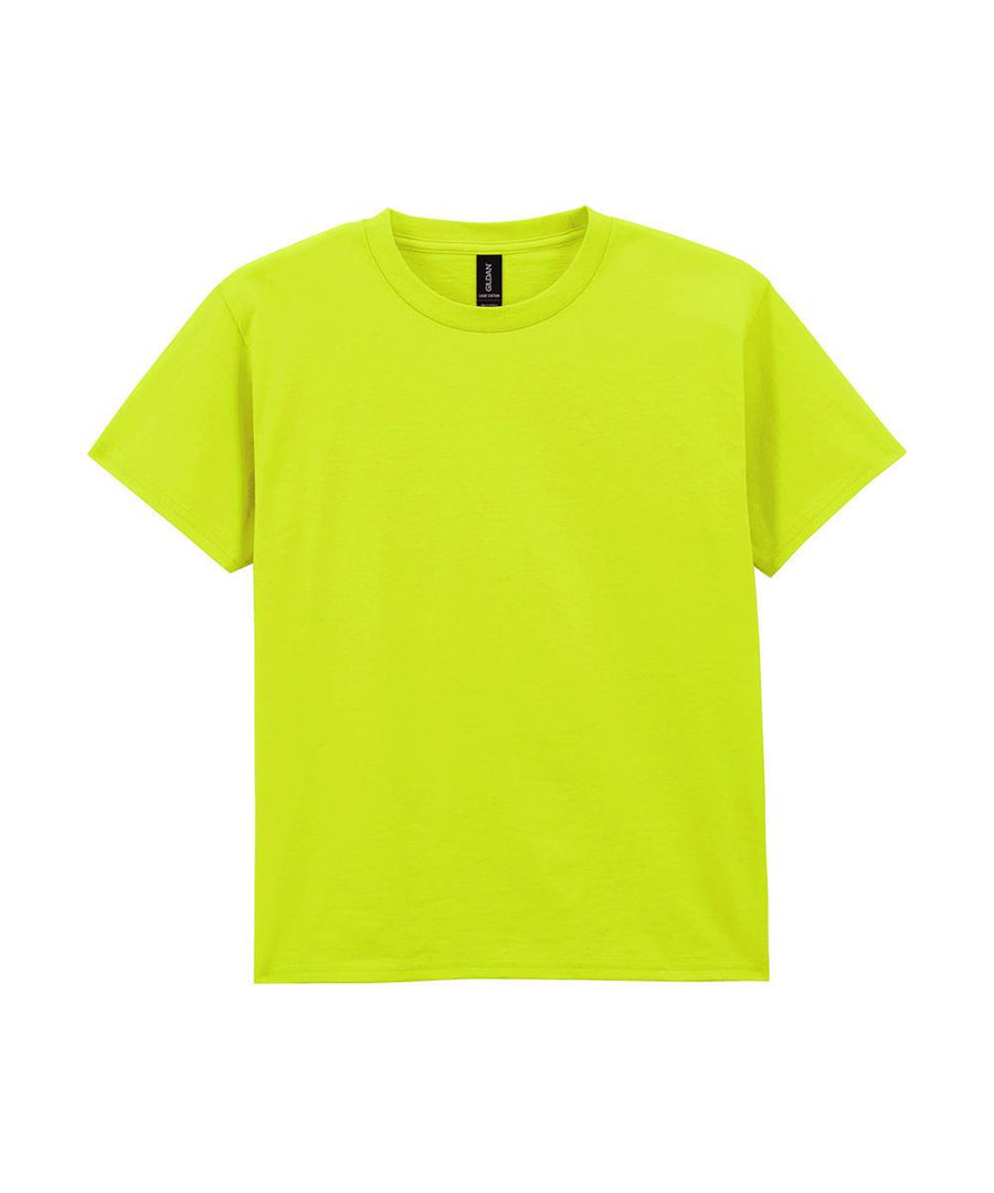 A neon yellow T-shirt short-sleeve crew neck is laid flat on a white background, featuring no visible designs or logos except for a small black tag at the collar.