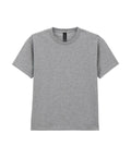 A T-shirt's grey short-sleeve crew neck is laid flat on a white background, front side up, with a visible black label at the neckline.
