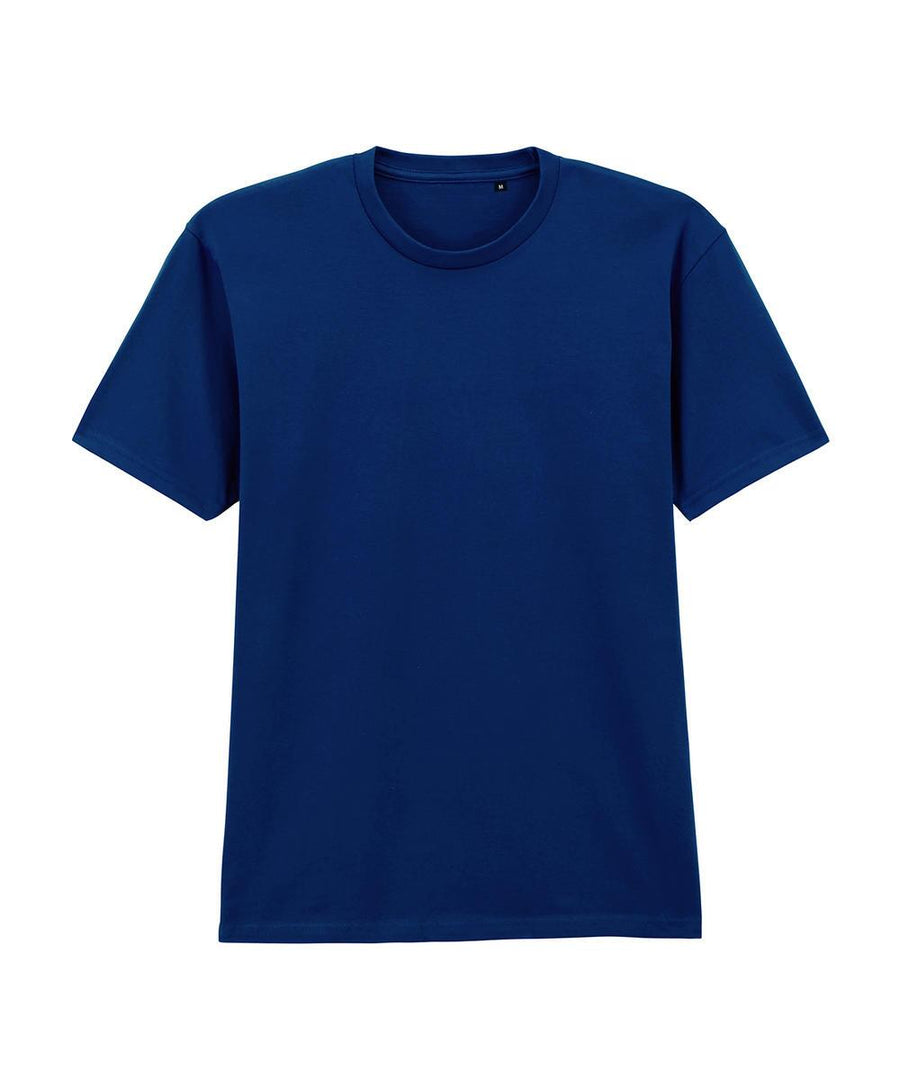 A solid navy blue, short-sleeved crew neck T-shirt is shown against a white background.