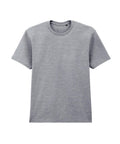 A light grey, short-sleeved crew neck T-shirt is displayed on a white background. Made of cotton or a cotton blend, this plain shirt features no logos, graphics, or designs.