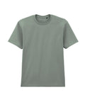 A T-shirt product in muted green is shown laid flat on a white background, displaying the front view. It features short sleeves and a crew neck design.