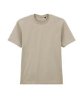 A plain, light beige short-sleeve T-shirt with a crew neck and no visible logos or designs is displayed on a white background.