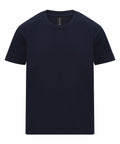 The Gildan GD24B, a plain navy blue t-shirt featuring a classic crew neck design, is displayed against a white background. This shirt has short sleeves and maintains a clean appearance without any visible logos or designs.