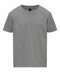 The Gildan GD24B is a plain gray T-shirt featuring a round neckline. It is displayed on a white background and boasts short sleeves with a simple, classic design.