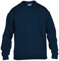 A plain, dark blue GD56B long-sleeve sweatshirt from Gildan featuring a round neckline is displayed against a white background. The sweatshirt has a simple and casual design, ideal for everyday wear.