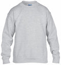 A Gildan GD56B sweatshirt with a plain gray design, featuring long sleeves and a round neckline, displayed on a white background.