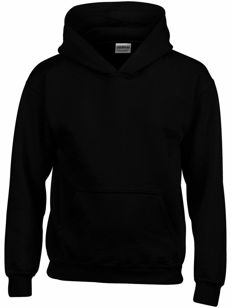 A Gildan GD57B, a plain black hoodie featuring a front pocket and a hood.