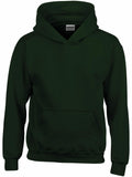Gildan's GD57B is a dark green hooded sweatshirt featuring long sleeves and a front pocket, designed with a simple, solid color aesthetic.