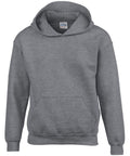 The Gildan GD57B is a gray sweatshirt hoodie featuring long sleeves and a front pouch pocket. Its simple, plain design makes it ideal for casual wear.