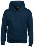 The Gildan GD57B, a navy blue hoodie featuring a front pocket and hood, displayed against a plain white background.
