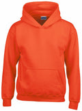 The GD57B hoodie by Gildan is a vibrant orange color, featuring a front pocket and drawstring hood. The soft and comfortable fabric makes it ideal for casual wear. It is showcased against a white background.