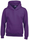 A Gildan GD57B plain purple hoodie featuring a front pocket and hood. The garment is crafted from a soft material, ideal for casual wear.