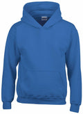 A Gildan GD57B hoodie, featuring a bright blue color, front pocket, and hood, is displayed against a white background. Crafted from soft fabric, this hoodie appears comfortable and casual, making it ideal for everyday wear.