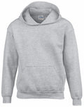 A Gildan GD57B light gray hooded sweatshirt featuring a front pocket and long sleeves, displayed on a white background.