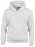The Gildan GD57B is a plain white hooded sweatshirt that includes a front kangaroo pocket and ribbed cuffs.
