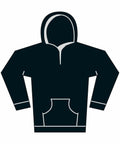 Illustration of the Gildan GD67B, a dark hoodie featuring a front pocket and hood.