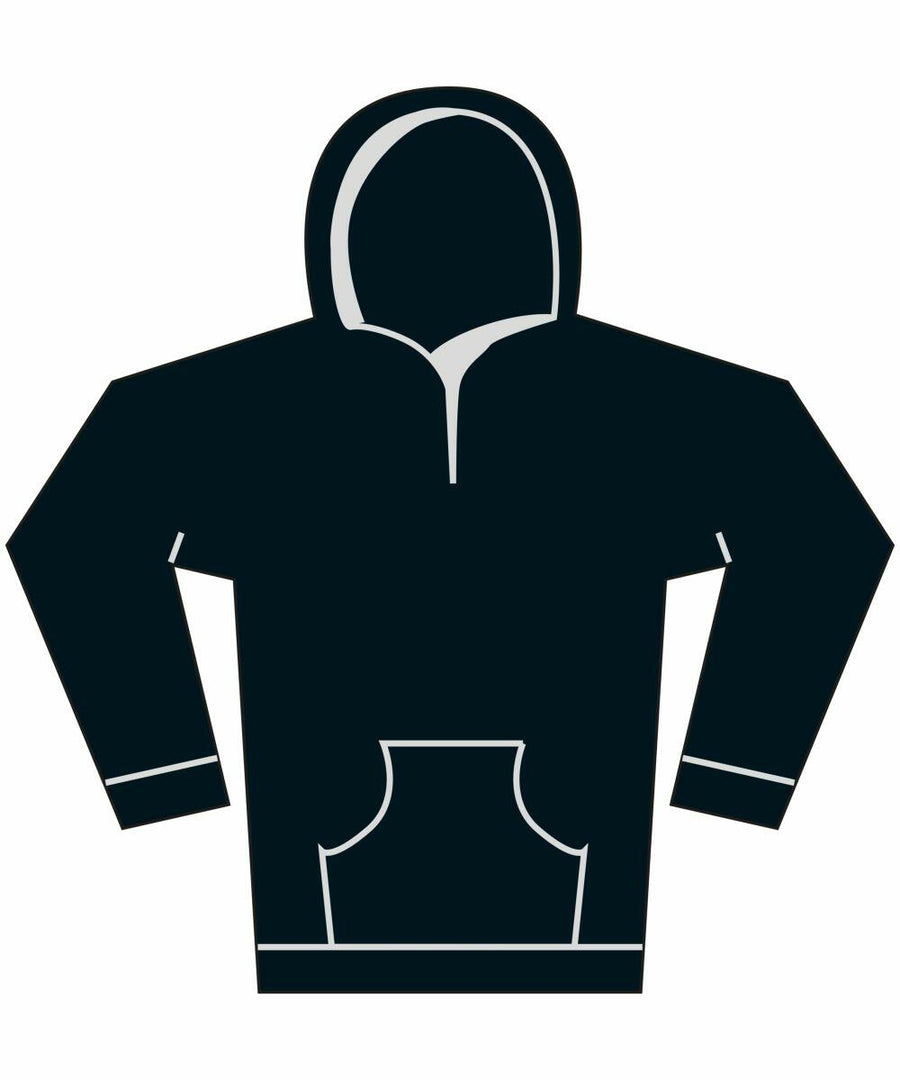 Illustration of the Gildan GD67B, a dark hoodie featuring a front pocket and hood.