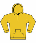 Illustration of the Gildan GD67B hooded sweatshirt, featuring a yellow color with a front pocket and outlined in black.