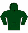 Illustration of the Gildan GD67B, a dark green hoodie featuring long sleeves and a front pocket, displayed on a white background.