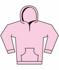 Illustration of the Gildan GD67B pink hoodie featuring a front pocket and hood, outlined in black.