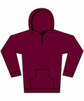 Illustration of the Gildan GD67B maroon hooded sweatshirt, showcasing its large front pocket and long sleeves, set against a white background.
