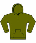 Illustration of the Gildan GD67B green hoodie featuring a front pocket and hood. The design is minimalistic, highlighting the basic shape of the hoodie against a white background.