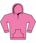 Illustration of the Gildan GD67B hoodie in pink, featuring a front pocket and hood. The design is simple with black outlines, set against a white background.