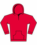 Illustration of the Gildan GD67B, a red hoodie featuring a front pocket and drawstring hood.