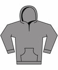 Illustration of the Gildan GD67B hoodie in gray, featuring long sleeves and a front pocket. The hood is up, with a visible seam down the center. The design is simple and outlined in black.