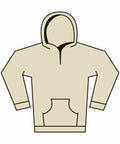 A depiction of the Gildan GD67B hoodie features a minimalist beige design with a front pocket and long sleeves. The hood is shown down, and it is set against a plain white background.