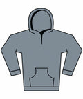 Illustration of the Gildan GD67B, a gray hoodie featuring a front pocket and long sleeves with the hood pulled up. The design is simple and minimalistic against a plain white background.