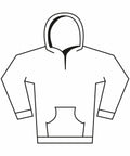 A minimalist line drawing of the Gildan GD67B hooded sweatshirt, showcasing its long sleeves and front pocket while emphasizing the basic structure and design.