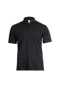 The Eco Poloshirt by Uneek is a plain black short-sleeved polo shirt featuring a collar and three buttons down the front.