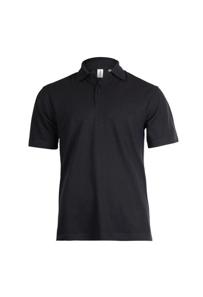 The Eco Poloshirt by Uneek is a plain black short-sleeved polo shirt featuring a collar and three buttons down the front.