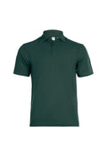 The Eco Poloshirt by Uneek is a plain bottle green  short-sleeved polo shirt featuring a collar and three buttons down the front.