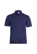 The Eco Poloshirt by Uneek is a plain navy short-sleeved polo shirt featuring a collar and three buttons down the front.