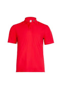 The Eco Poloshirt by Uneek is a plain red short-sleeved polo shirt featuring a collar and three buttons down the front.