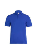 The Eco Poloshirt by Uneek is a plain royal blue short-sleeved polo shirt featuring a collar and three buttons down the front.