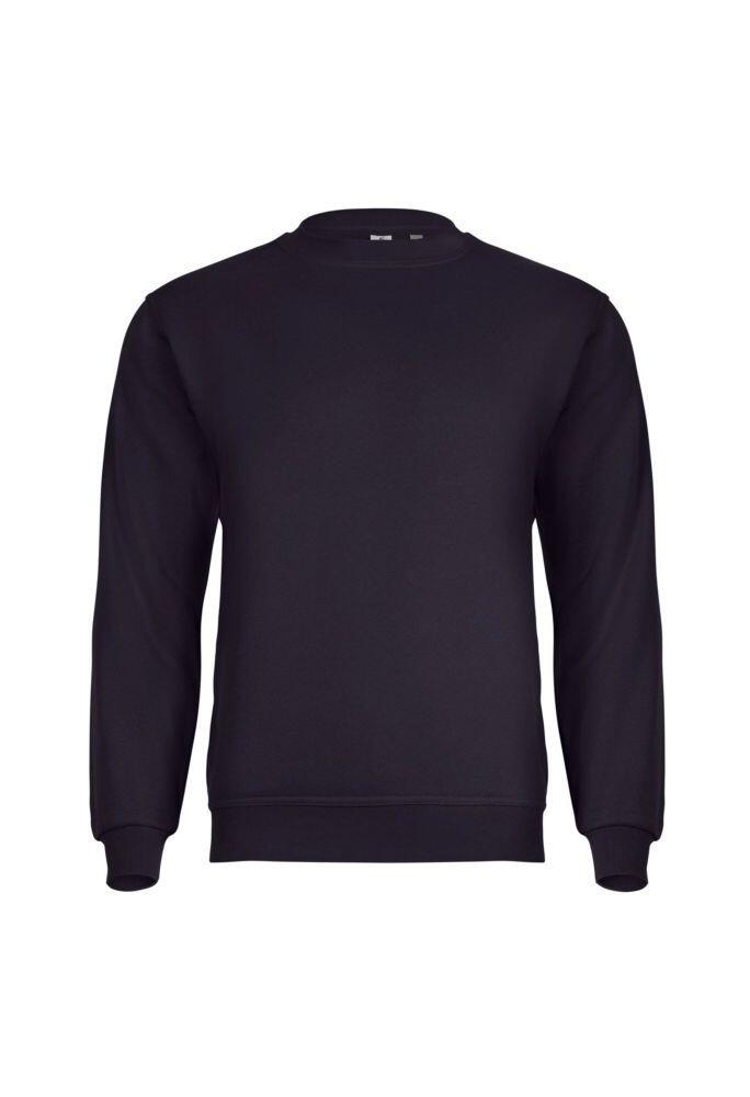 The Uneek Eco Sweatshirt is a plain, black crewneck with long sleeves, displayed against a white background.