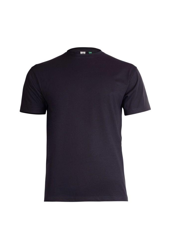 Displayed against a white background, the plain black Eco T-Shirt features short sleeves and a round neckline, offering both style and sustainability.