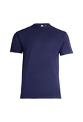 Displayed against a white background, the plain navy Eco T-Shirt features short sleeves and a round neckline, offering both style and sustainability.