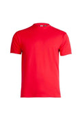 Displayed against a white background, the plain red Eco T-Shirt features short sleeves and a round neckline, offering both style and sustainability.