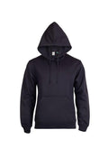 The Uneek Eco Hoodie, showcased against a white background, features a plain black design with long sleeves, front pocket, and drawstrings. Crafted by Stitch Factory, it blends style with sustainability for a casual look. Model: GR51.