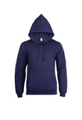 The Uneek Eco Hoodie, showcased against a white background, features a plain navy design with long sleeves, front pocket, and drawstrings. Crafted by Stitch Factory, it blends style with sustainability for a casual look. Model: GR51.