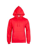 The Uneek Eco Hoodie, showcased against a white background, features a plain red design with long sleeves, front pocket, and drawstrings. Crafted by Stitch Factory, it blends style with sustainability for a casual look. Model: GR51.