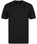 A Henbury HB024 T-shirt in plain black, featuring short sleeves and a round neckline, is displayed on a white background.