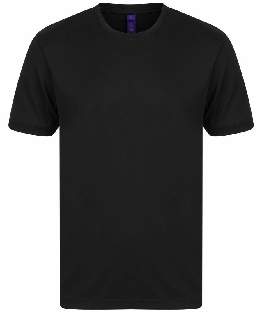 A Henbury HB024 T-shirt in plain black, featuring short sleeves and a round neckline, is displayed on a white background.