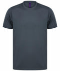 A plain dark gray T-shirt from Henbury, featuring a round neck and short sleeves, displayed against a white background.