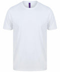 Henbury's HB024 is a white, short-sleeve t-shirt featuring a plain design, showcased against a white background. It has a round neckline and includes a purple tag inside the collar.